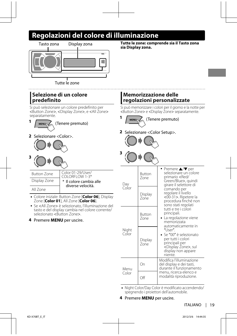 Regolazioni del colore di illuminazione, Selezione di un colore predefinito | JVC KD-X70 User Manual | Page 75 / 113