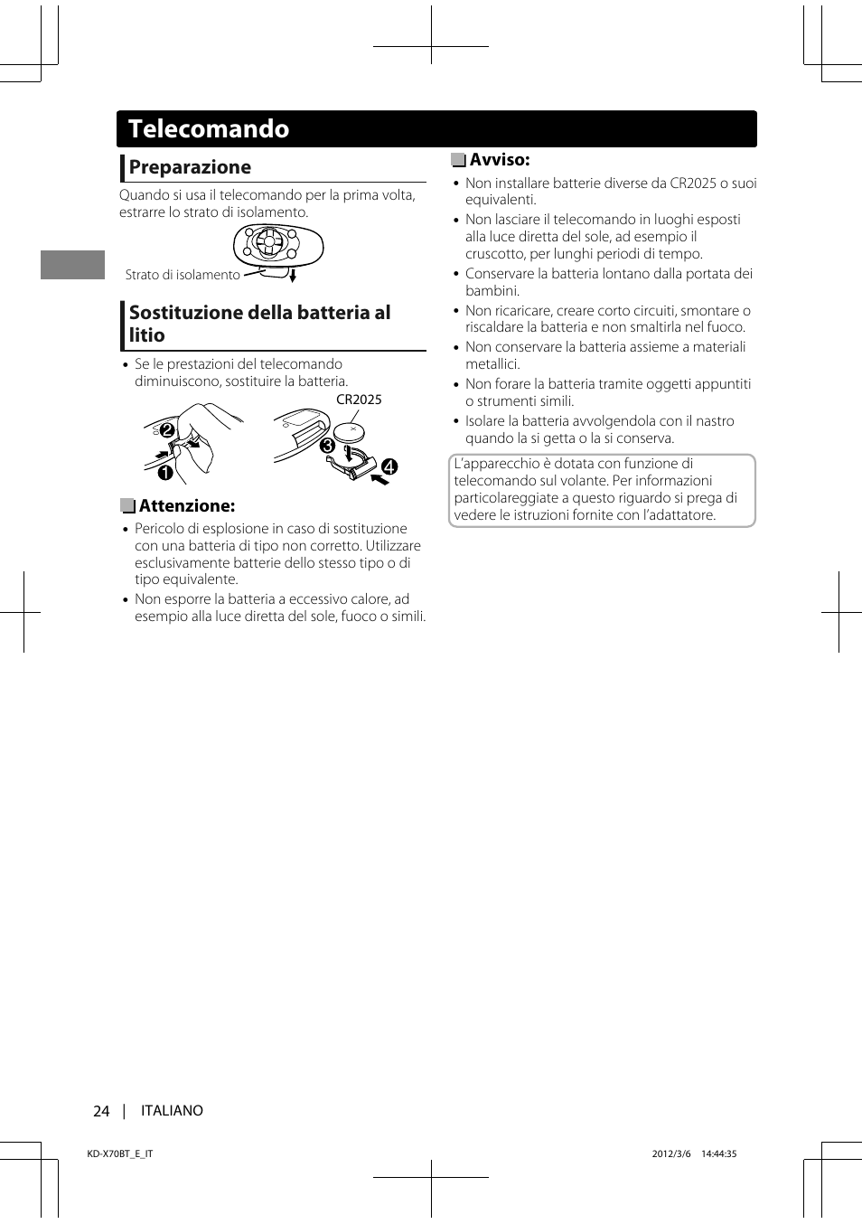 Preparazione, Sostituzione della batteria al litio, Attenzione | Avviso, Telecomando | JVC KD-X70 User Manual | Page 80 / 113