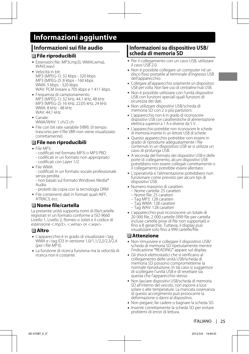 Informazioni sui file audio, File riproducibili, File non riproducibili | Nome file/cartella, Altro, Attenzione, Informazioni aggiuntive | JVC KD-X70 User Manual | Page 81 / 113