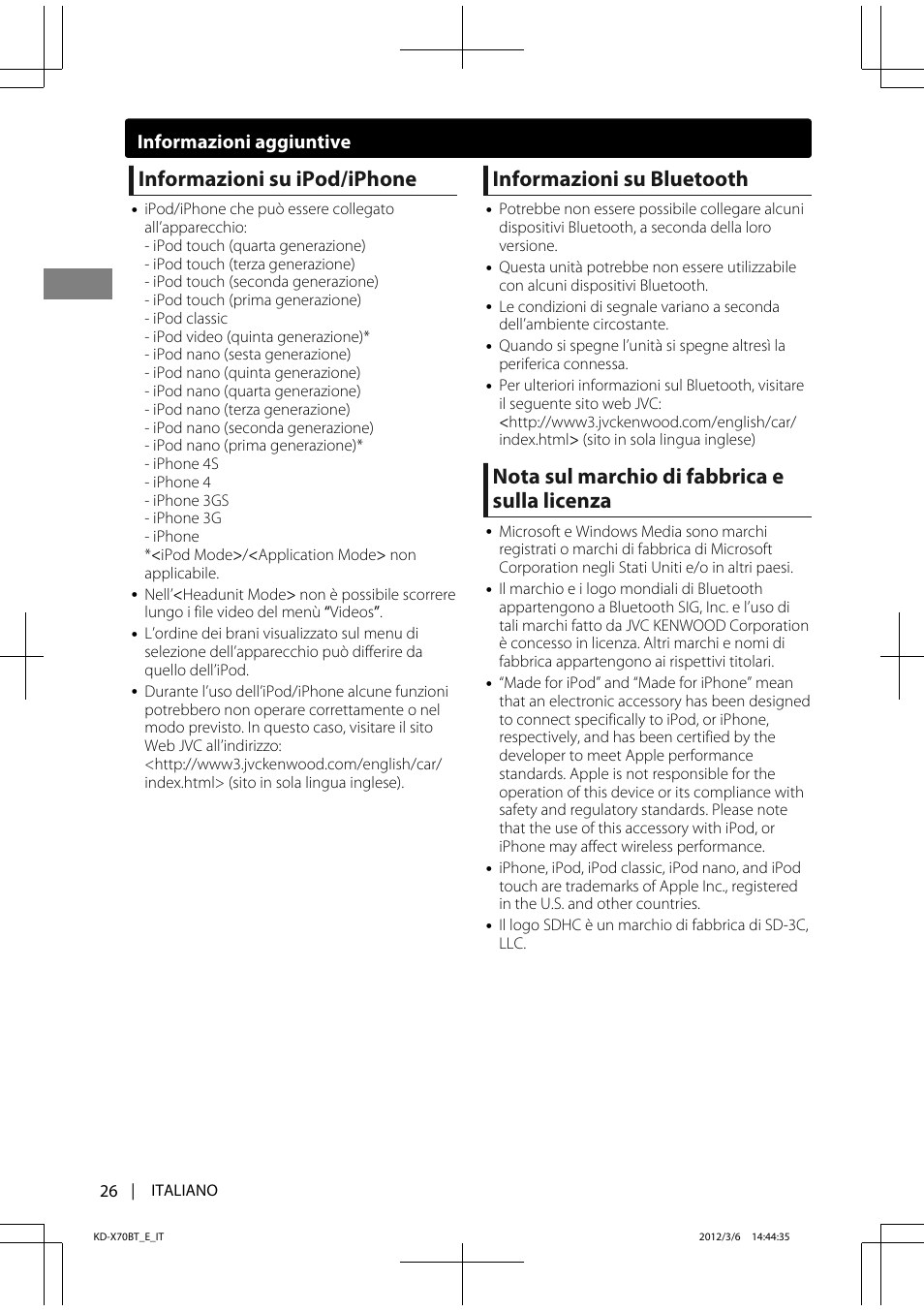 Informazioni su ipod/iphone, Informazioni su bluetooth, Nota sul marchio di fabbrica e sulla licenza | Informazioni aggiuntive | JVC KD-X70 User Manual | Page 82 / 113