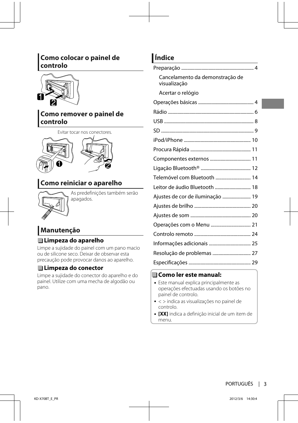 Como reiniciar o aparelho, Manutenção, Índice | JVC KD-X70 User Manual | Page 87 / 113