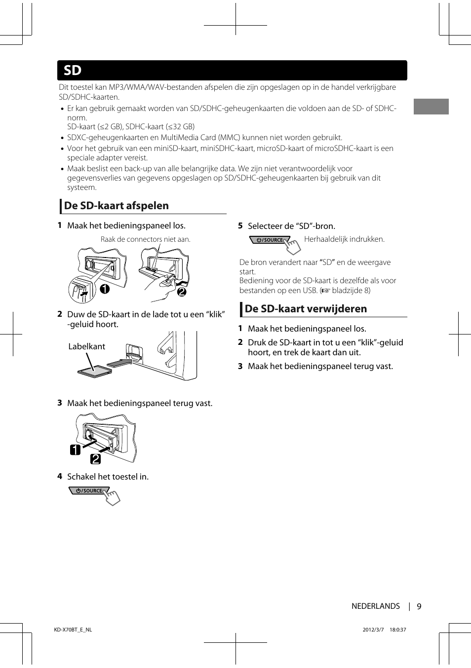 De sd-kaart afspelen, De sd-kaart verwijderen | JVC KD-X70 User Manual | Page 9 / 113