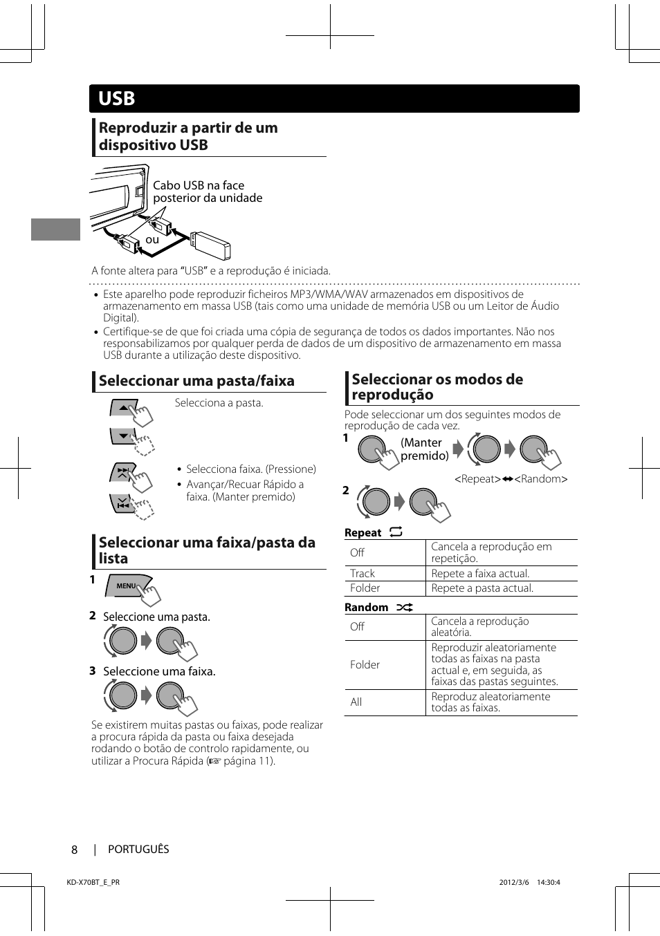 Reproduzir a partir de um dispositivo usb, Seleccionar uma pasta/faixa, Seleccionar uma faixa/pasta da lista | Seleccionar os modos de reprodução | JVC KD-X70 User Manual | Page 92 / 113