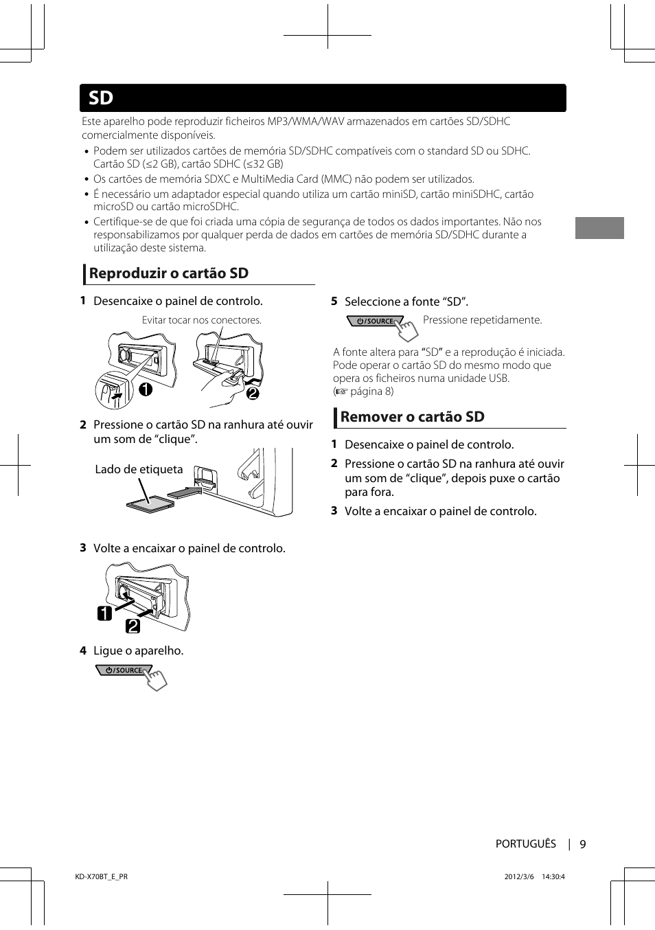 Reproduzir o cartão sd, Remover o cartão sd | JVC KD-X70 User Manual | Page 93 / 113