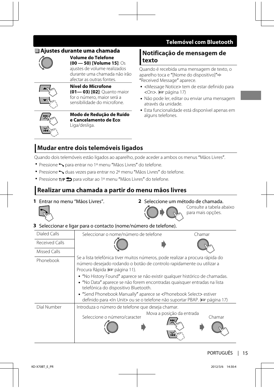 Notificação de mensagem de texto, Mudar entre dois telemóveis ligados, Realizar uma chamada a partir do menu mãos livres | Ajustes durante uma chamada, Telemóvel com bluetooth | JVC KD-X70 User Manual | Page 99 / 113