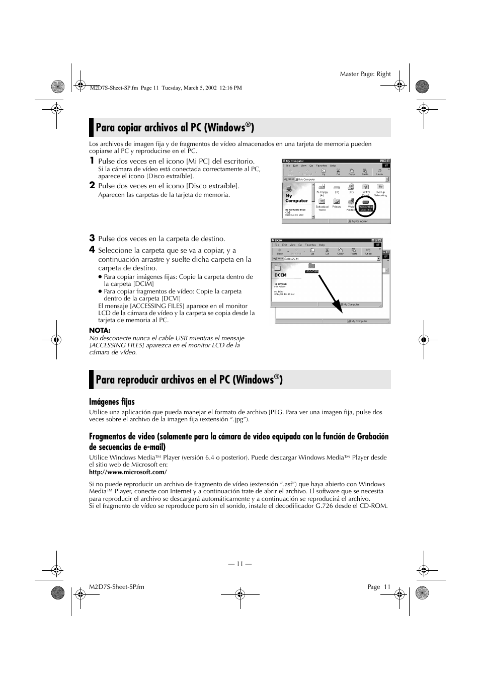 Para copiar archivos al pc (windows, Para reproducir archivos en el pc (windows | JVC GR-DVP7 User Manual | Page 11 / 16