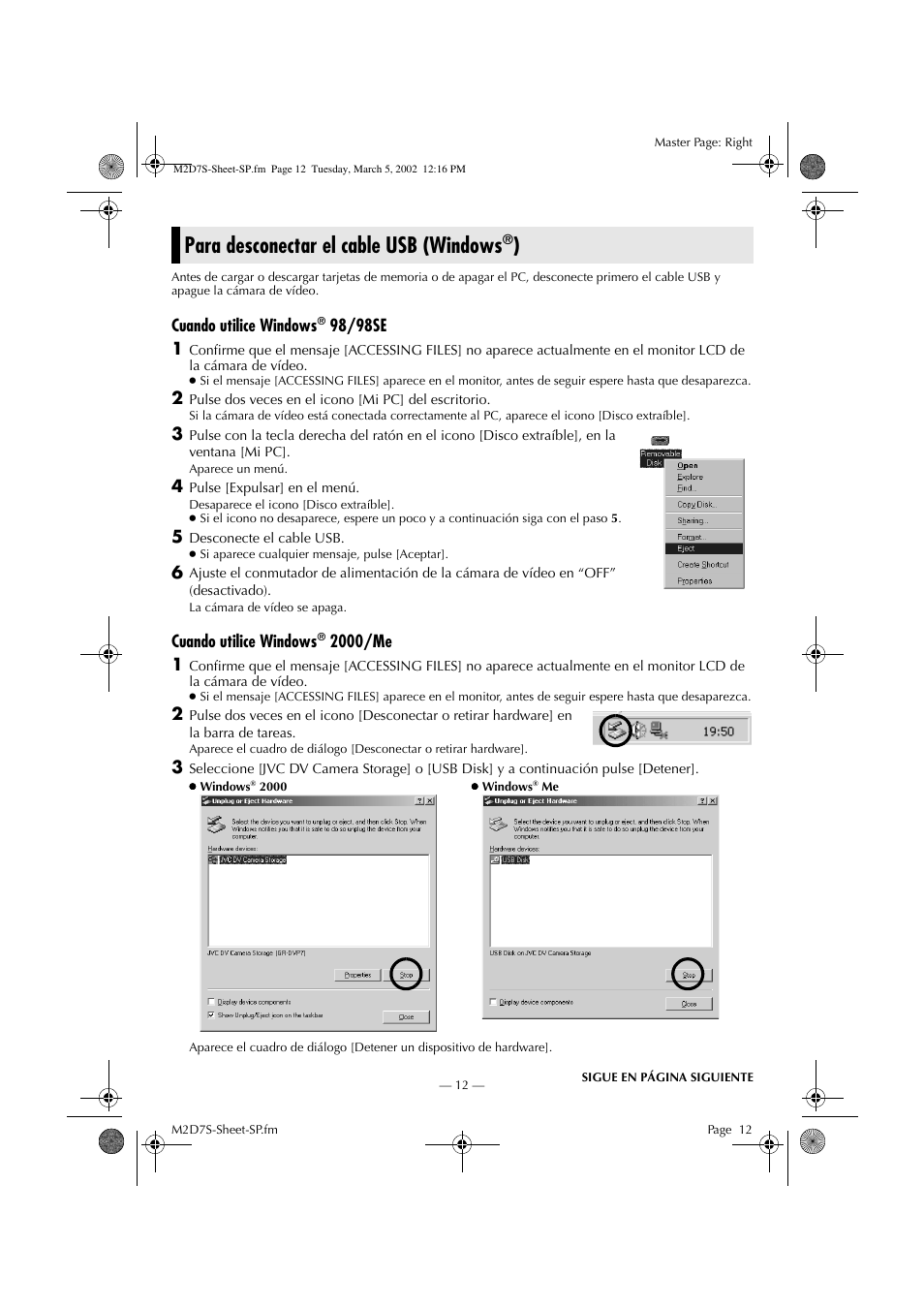 Para desconectar el cable usb (windows | JVC GR-DVP7 User Manual | Page 12 / 16