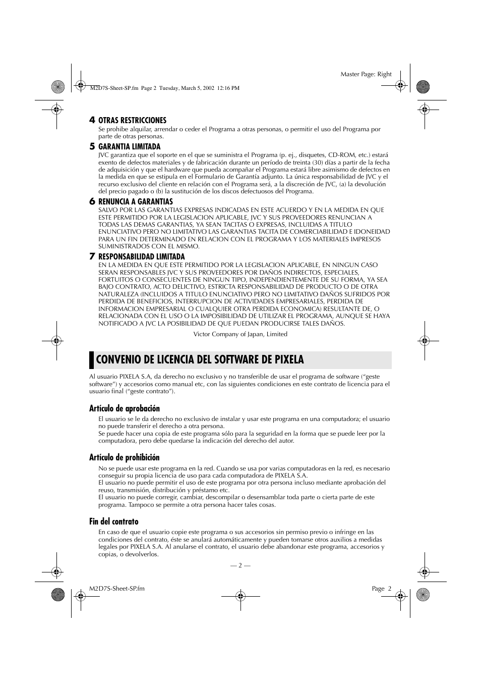 Convenio de licencia del software de pixela | JVC GR-DVP7 User Manual | Page 2 / 16