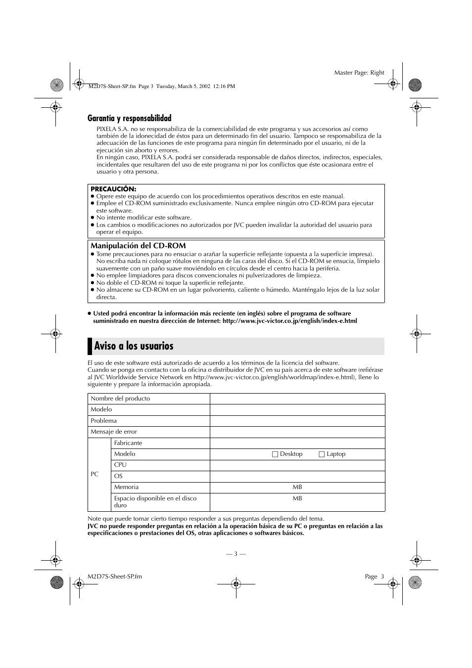 Aviso a los usuarios, Garantía y responsabilidad | JVC GR-DVP7 User Manual | Page 3 / 16