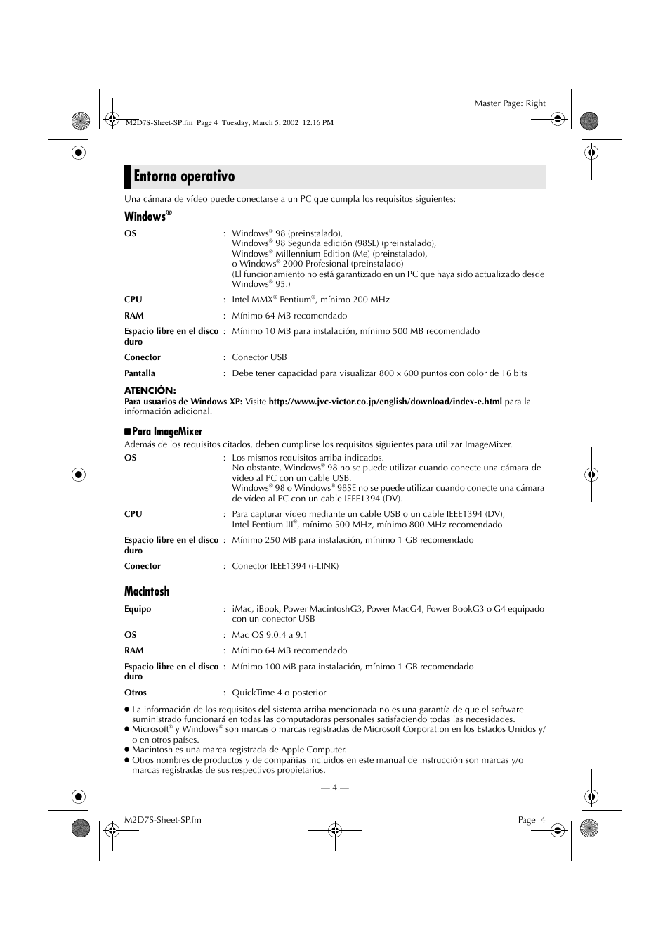 Entorno operativo, Windows, Macintosh | Para imagemixer | JVC GR-DVP7 User Manual | Page 4 / 16