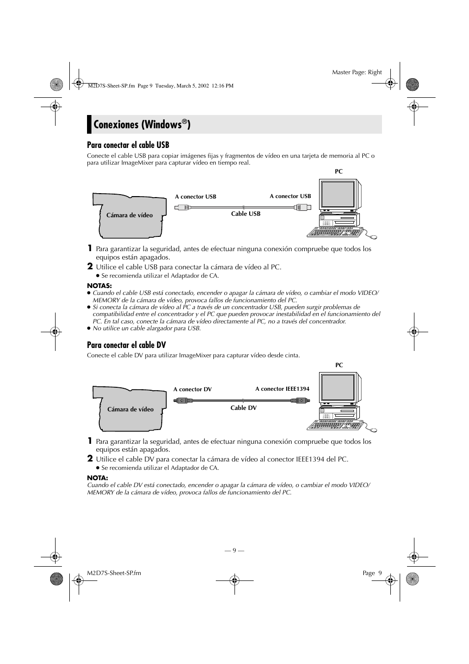 Conexiones (windows, Para conectar el cable usb, Para conectar el cable dv | JVC GR-DVP7 User Manual | Page 9 / 16