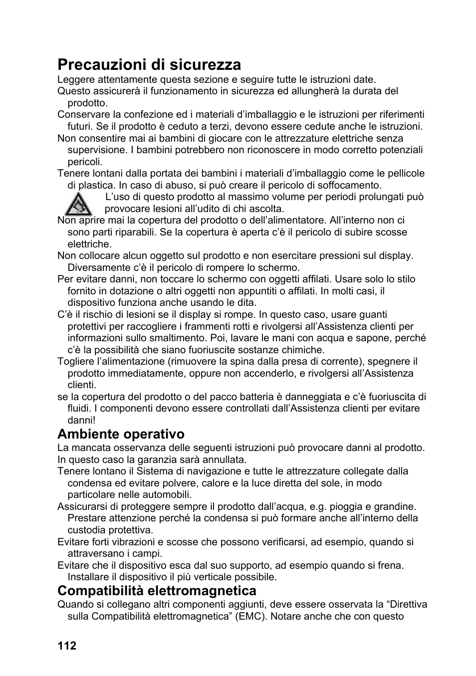 Precauzioni di sicurezza, Ambiente operativo, Compatibilità elettromagnetica | JVC KV-PX701 User Manual | Page 112 / 215