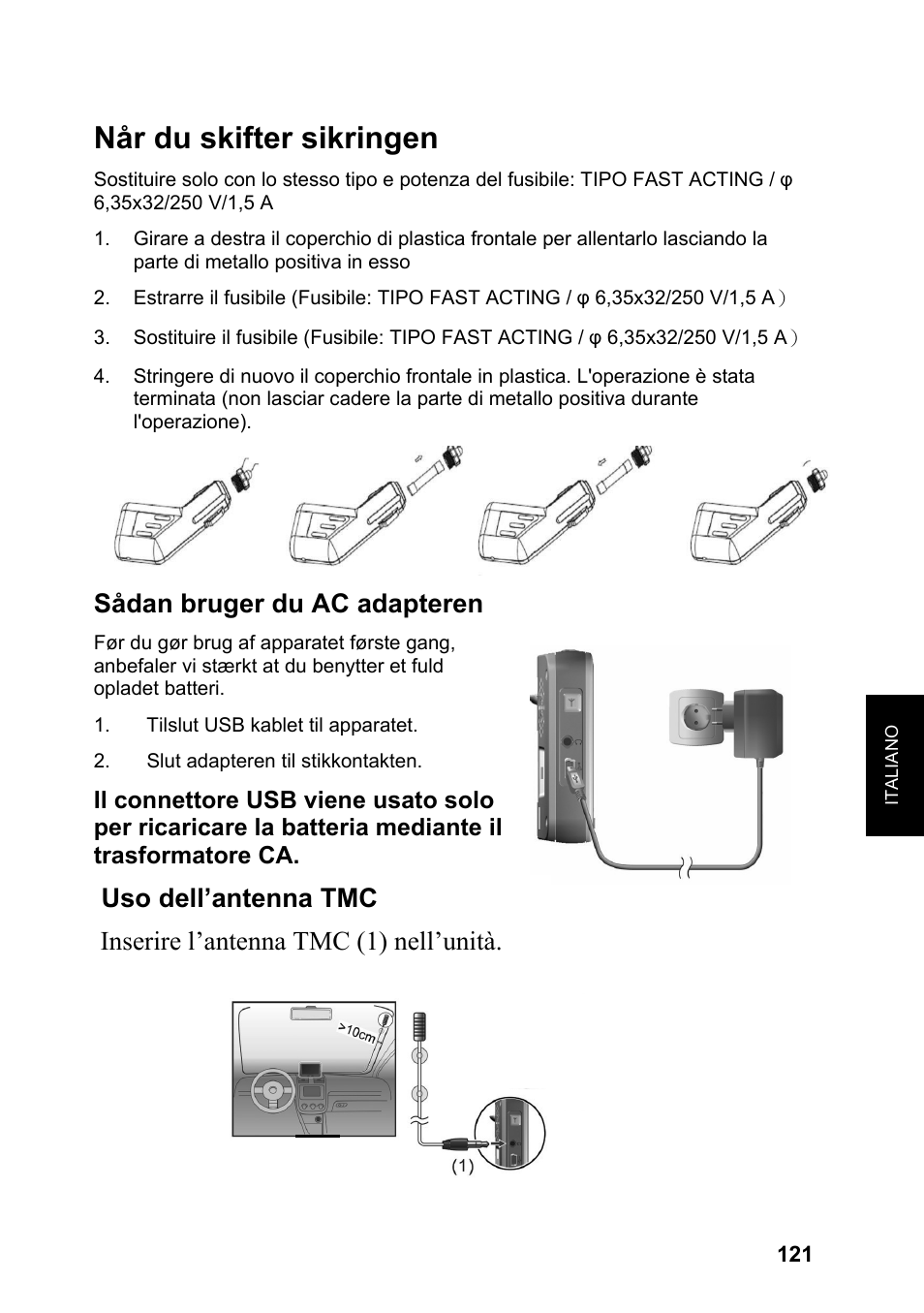 Når du skifter sikringen, Sådan bruger du ac adapteren | JVC KV-PX701 User Manual | Page 121 / 215