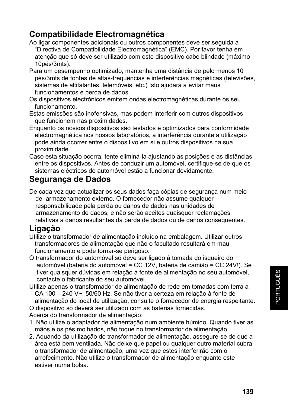 Compatibilidade electromagnética, Segurança de dados, Ligação | JVC KV-PX701 User Manual | Page 139 / 215