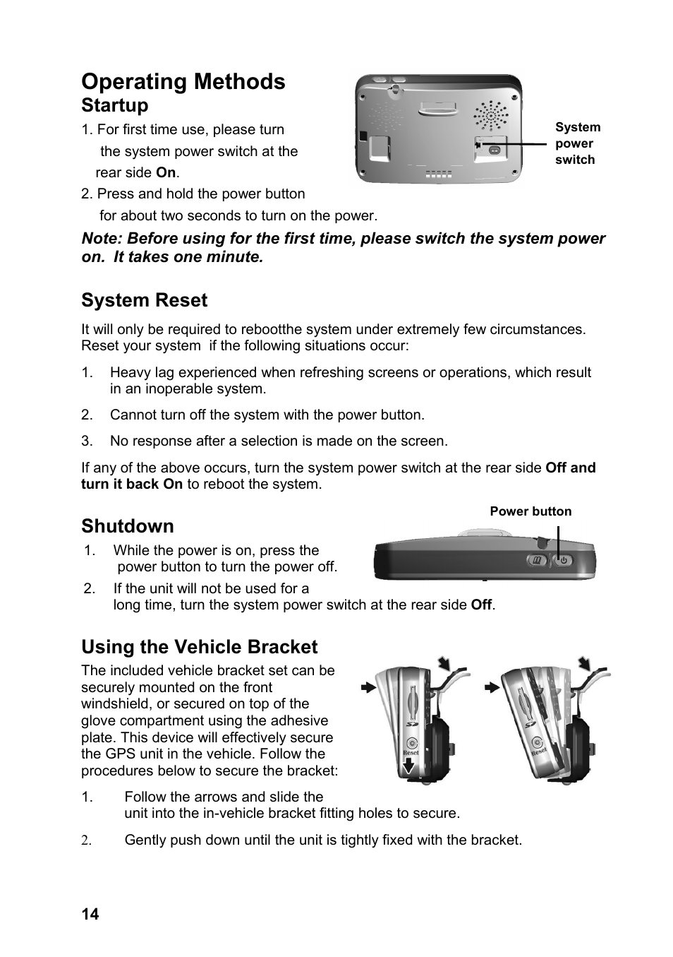 Operating methods, Startup, System reset | Shutdown, Using the vehicle bracket | JVC KV-PX701 User Manual | Page 14 / 215