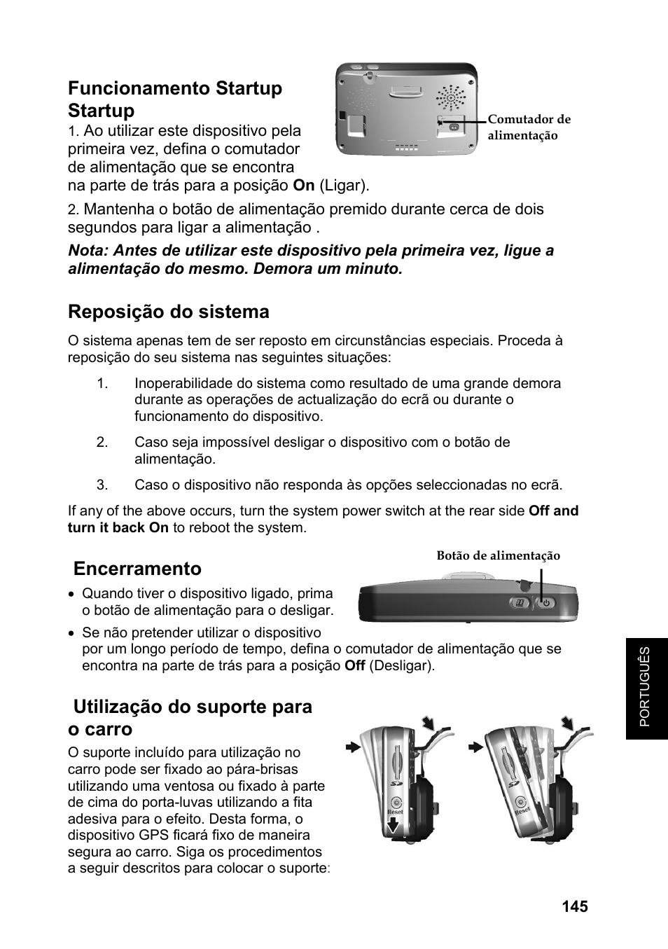 Funcionamento startup startup, Reposição do sistema, Encerramento | Utilização do suporte para o carro | JVC KV-PX701 User Manual | Page 145 / 215