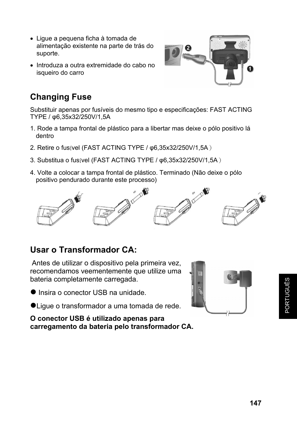 Changing fuse, Usar o transformador ca | JVC KV-PX701 User Manual | Page 147 / 215