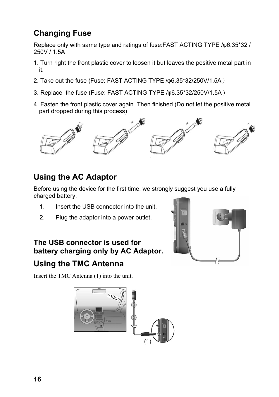 Changing fuse, Using the ac adaptor, Using the tmc antenna | JVC KV-PX701 User Manual | Page 16 / 215