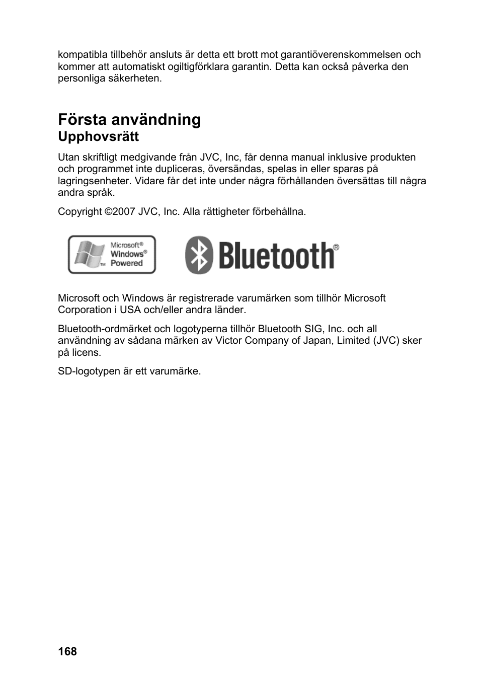 Första användning, Upphovsrätt | JVC KV-PX701 User Manual | Page 168 / 215