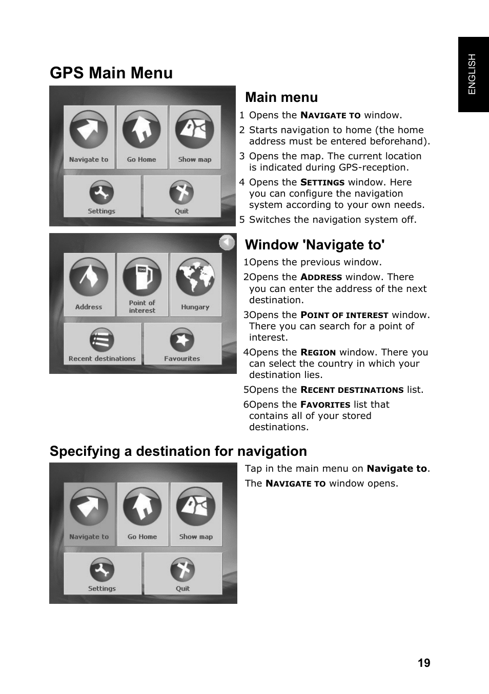 Gps main menu, Main menu, Window 'navigate to | Specifying a destination for navigation | JVC KV-PX701 User Manual | Page 19 / 215