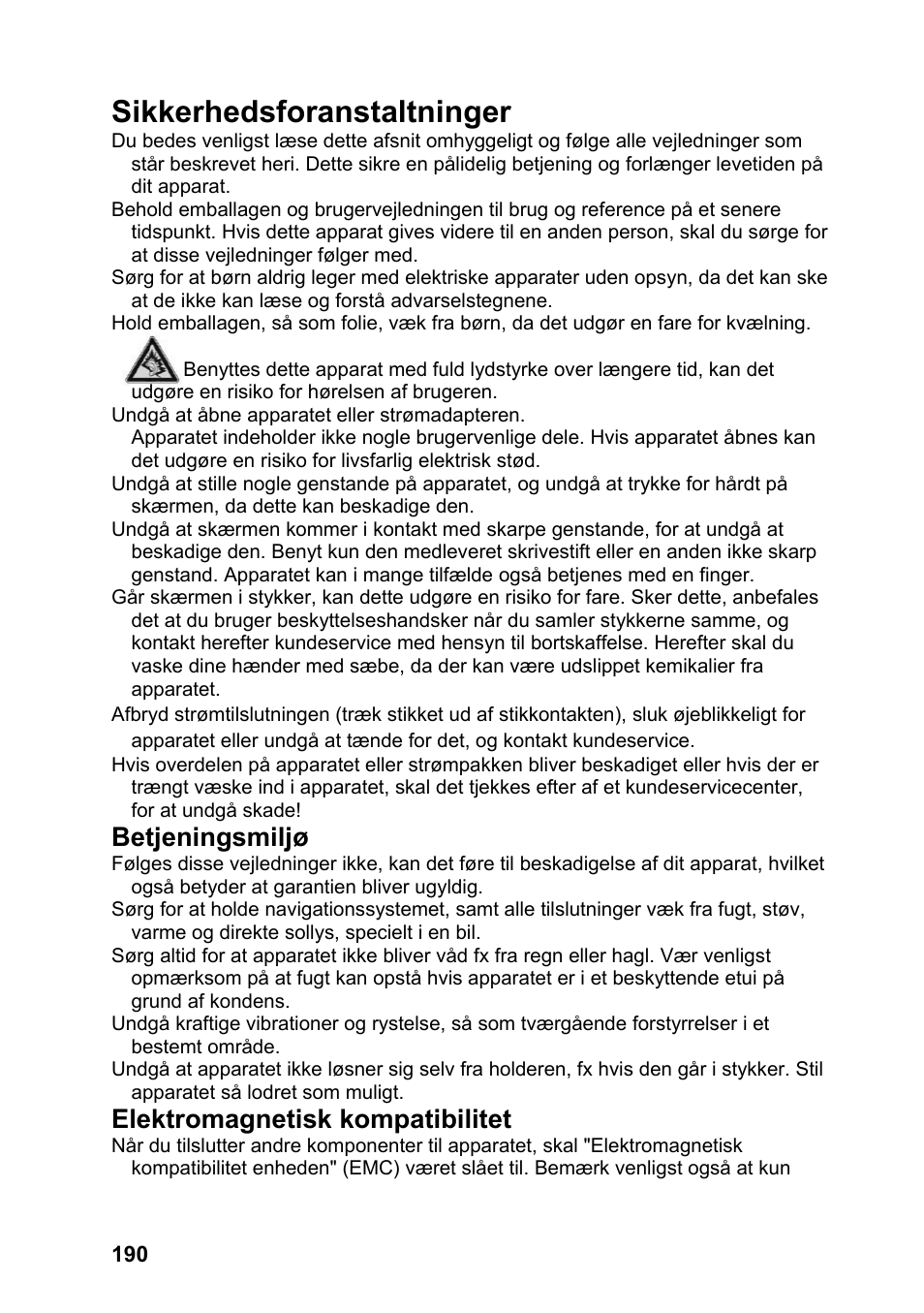 Sikkerhedsforanstaltninger, Betjeningsmiljø, Elektromagnetisk kompatibilitet | JVC KV-PX701 User Manual | Page 190 / 215