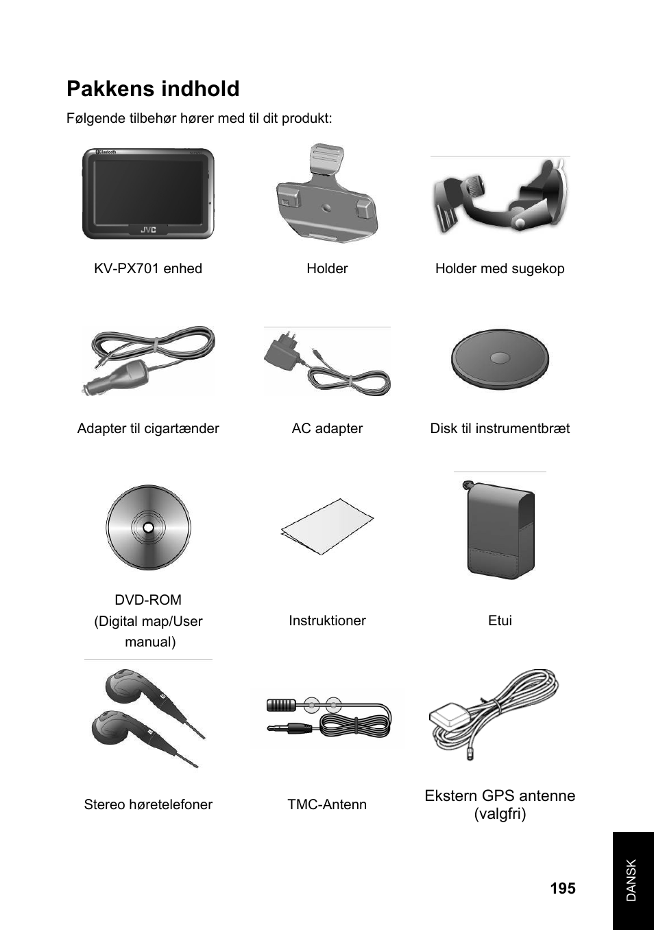 Pakkens indhold | JVC KV-PX701 User Manual | Page 195 / 215