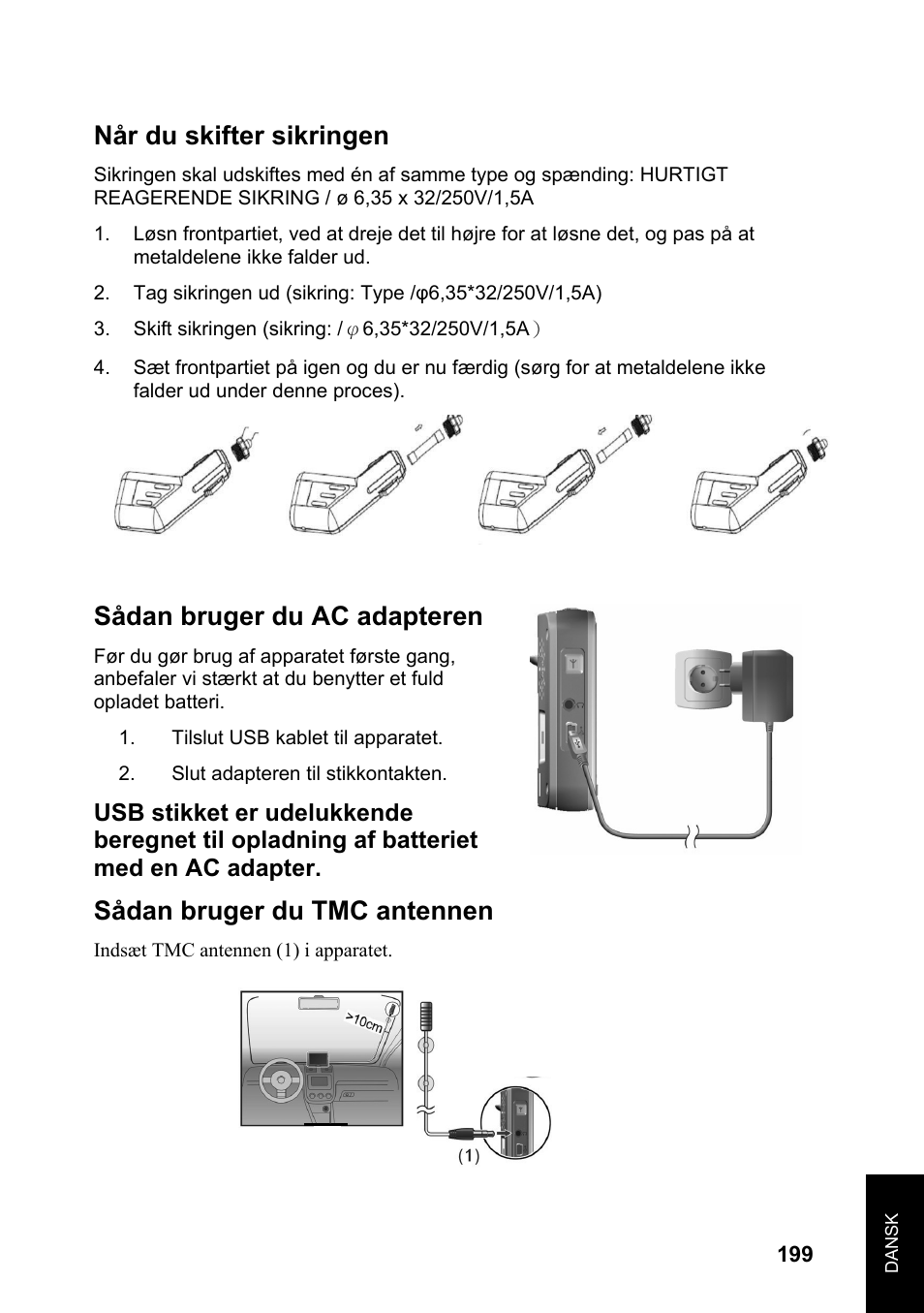 Når du skifter sikringen, Sådan bruger du ac adapteren, Sådan bruger du tmc antennen | JVC KV-PX701 User Manual | Page 199 / 215