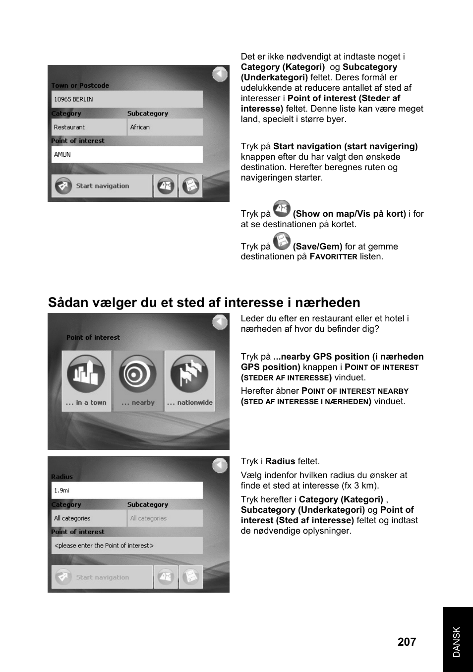 Sådan vælger du et sted af interesse i nærheden | JVC KV-PX701 User Manual | Page 207 / 215