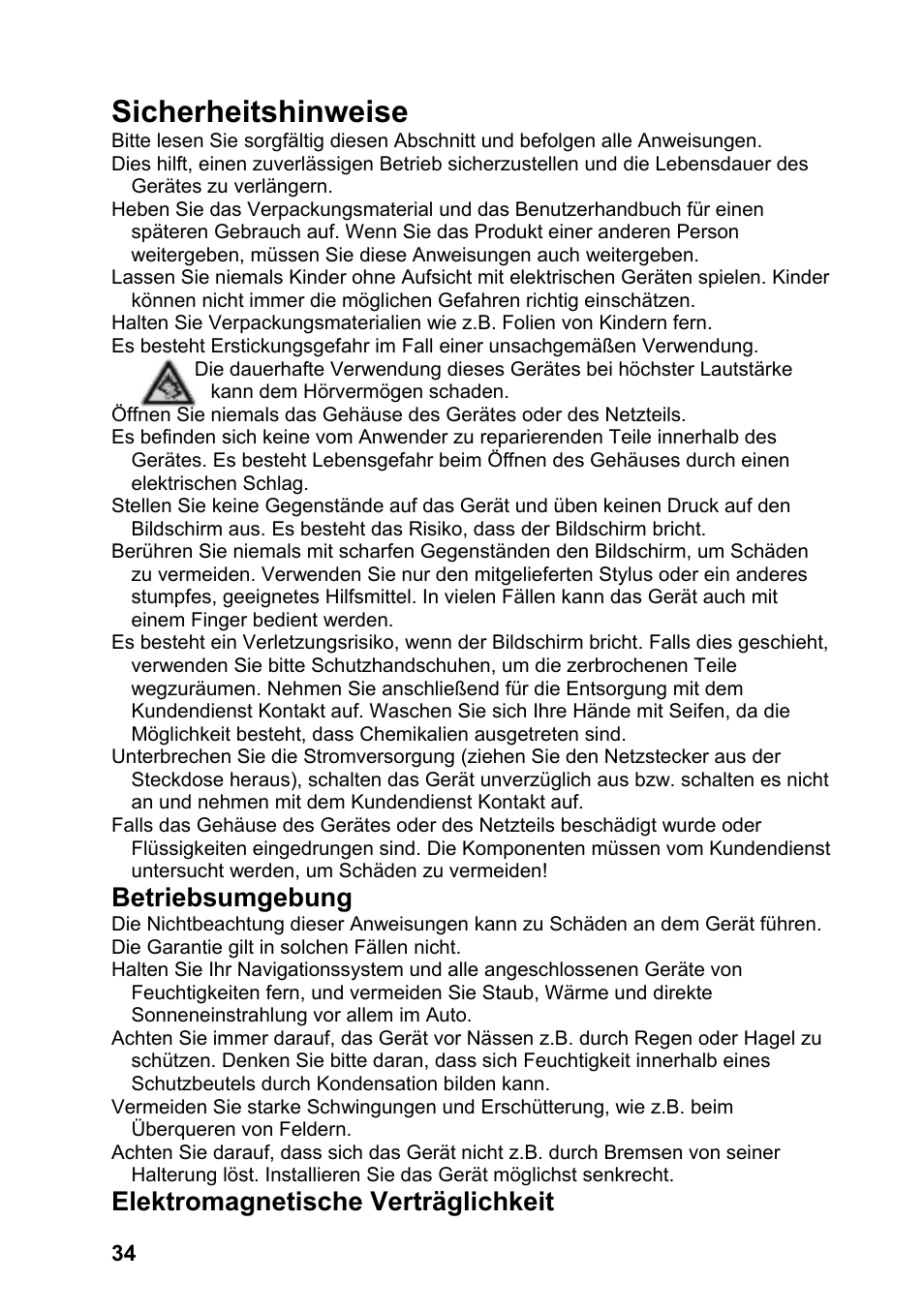 Sicherheitshinweise, Betriebsumgebung, Elektromagnetische verträglichkeit | JVC KV-PX701 User Manual | Page 34 / 215