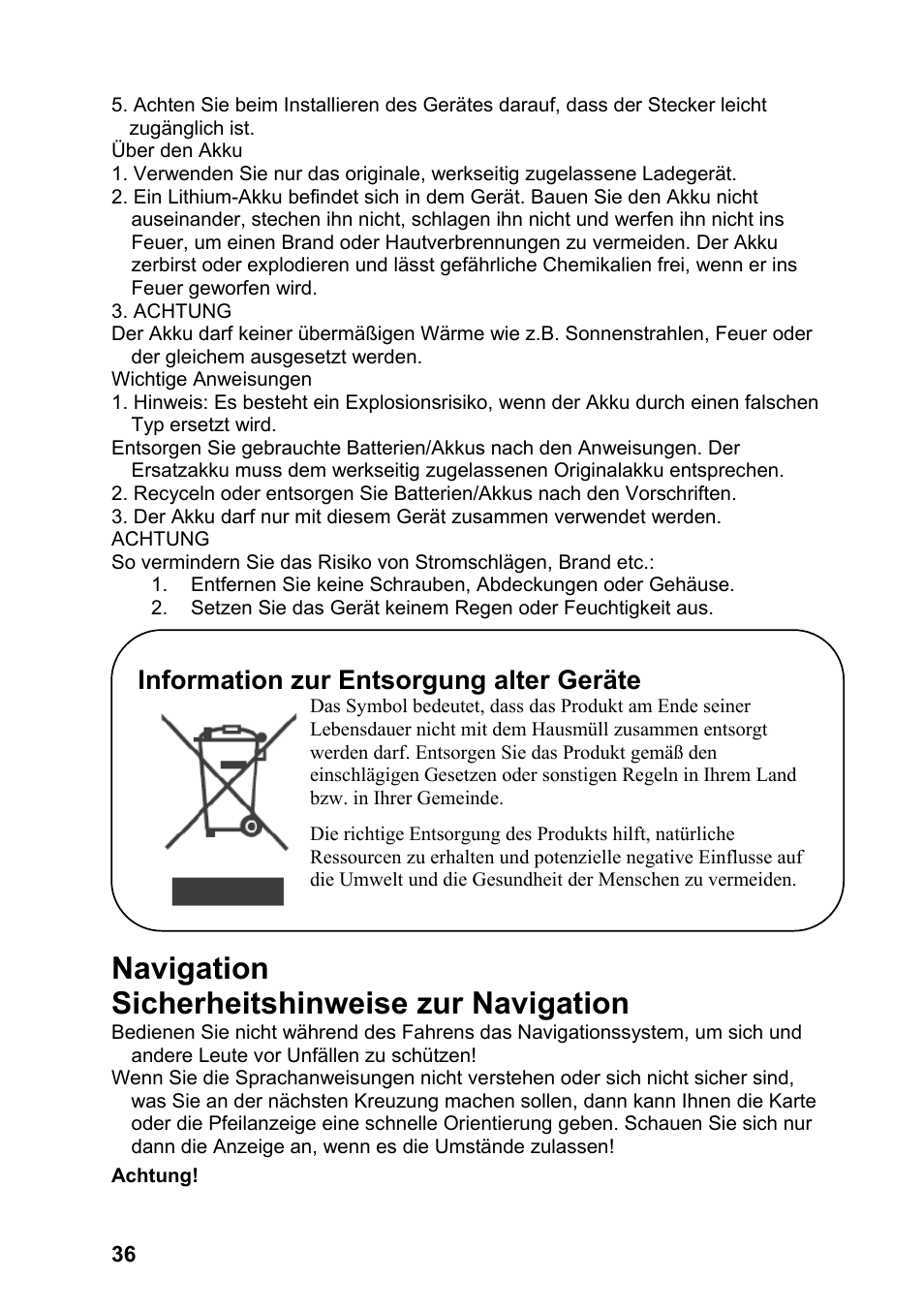 Navigation sicherheitshinweise zur navigation, Information zur entsorgung alter geräte | JVC KV-PX701 User Manual | Page 36 / 215