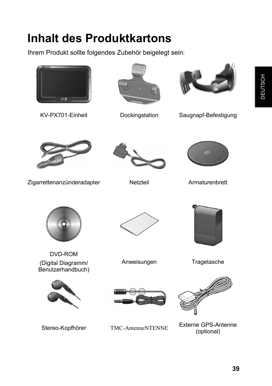 Inhalt des produktkartons | JVC KV-PX701 User Manual | Page 39 / 215