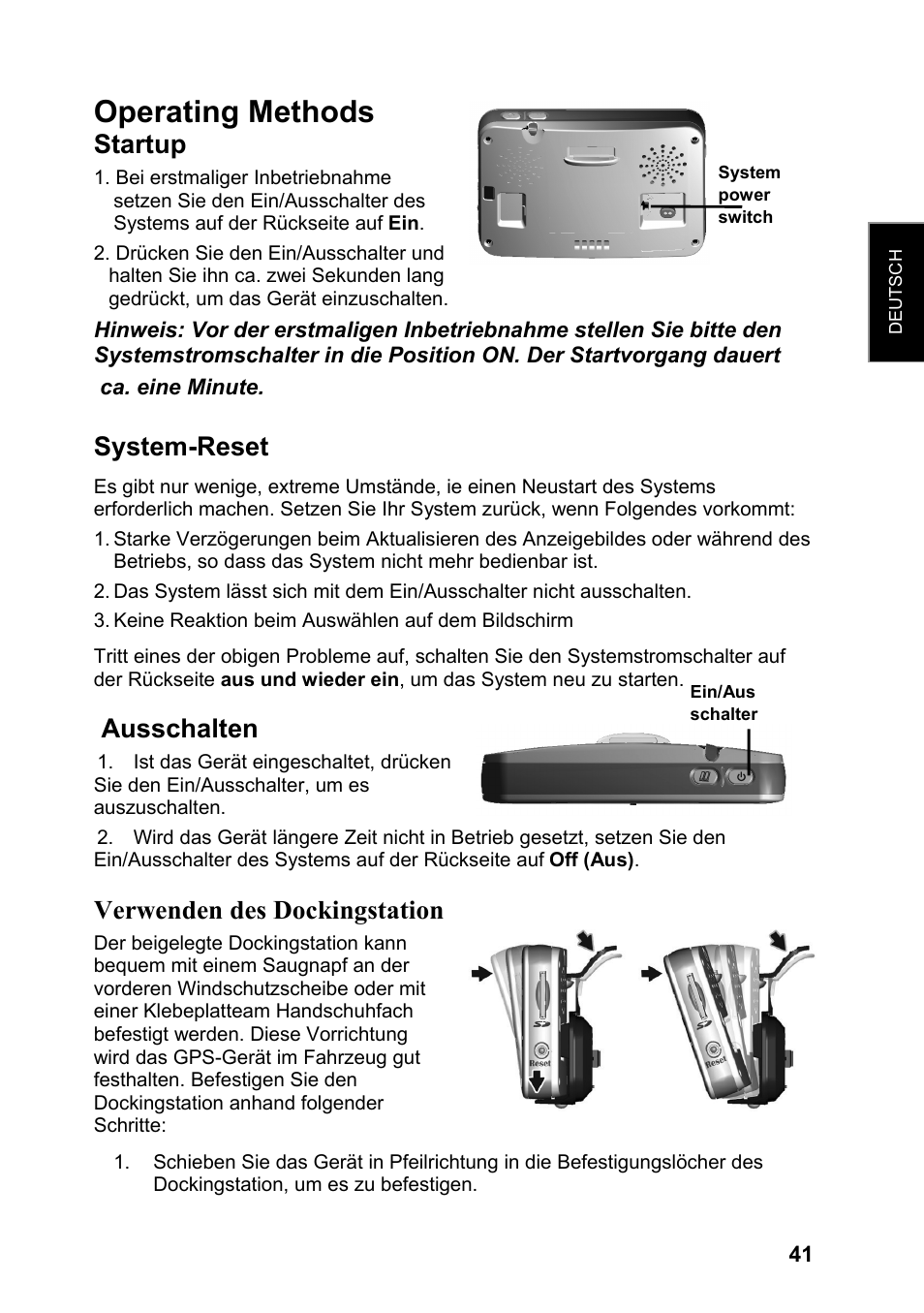 Operating methods, Startup, System-reset | Ausschalten, Verwenden des dockingstation | JVC KV-PX701 User Manual | Page 41 / 215