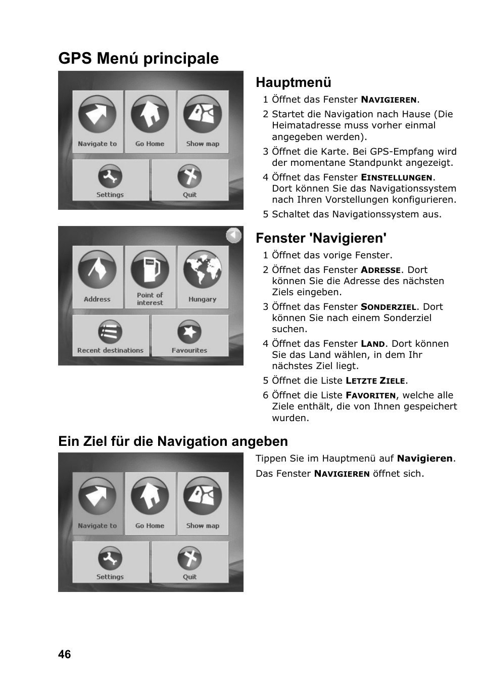 Gps menú principale, Hauptmenü, Fenster 'navigieren | Ein ziel für die navigation angeben | JVC KV-PX701 User Manual | Page 46 / 215