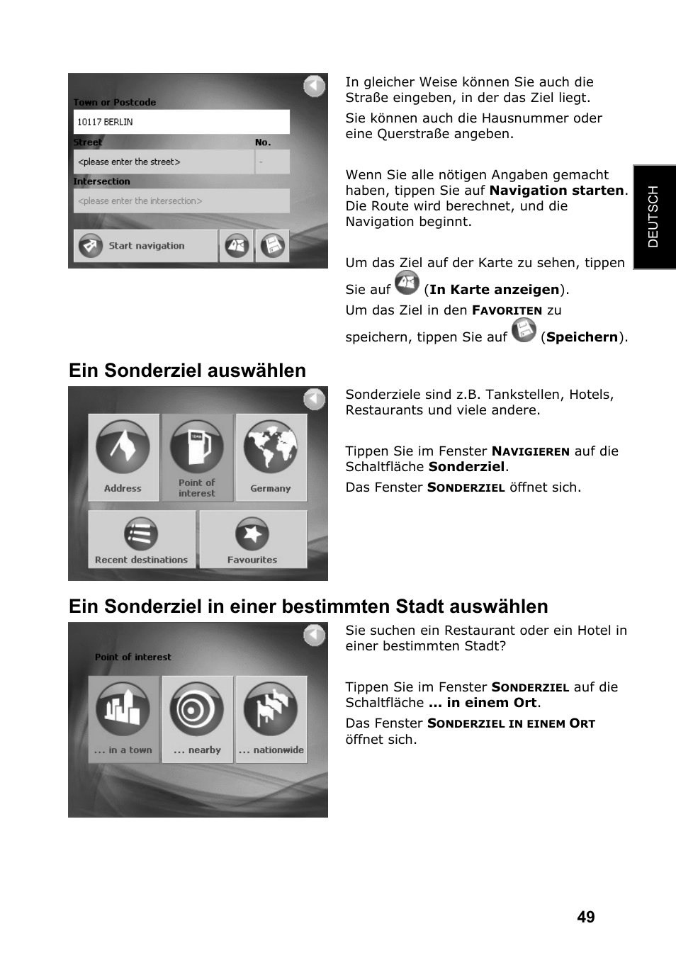 Ein sonderziel auswählen, Ein sonderziel in einer bestimmten stadt auswählen | JVC KV-PX701 User Manual | Page 49 / 215