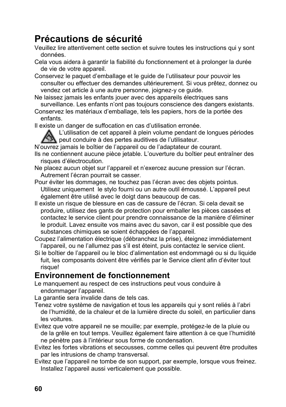 Précautions de sécurité, Environnement de fonctionnement | JVC KV-PX701 User Manual | Page 60 / 215