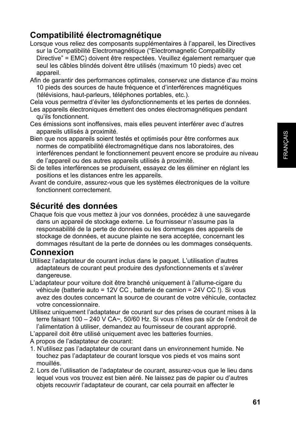 Compatibilité électromagnétique, Sécurité des données, Connexion | JVC KV-PX701 User Manual | Page 61 / 215