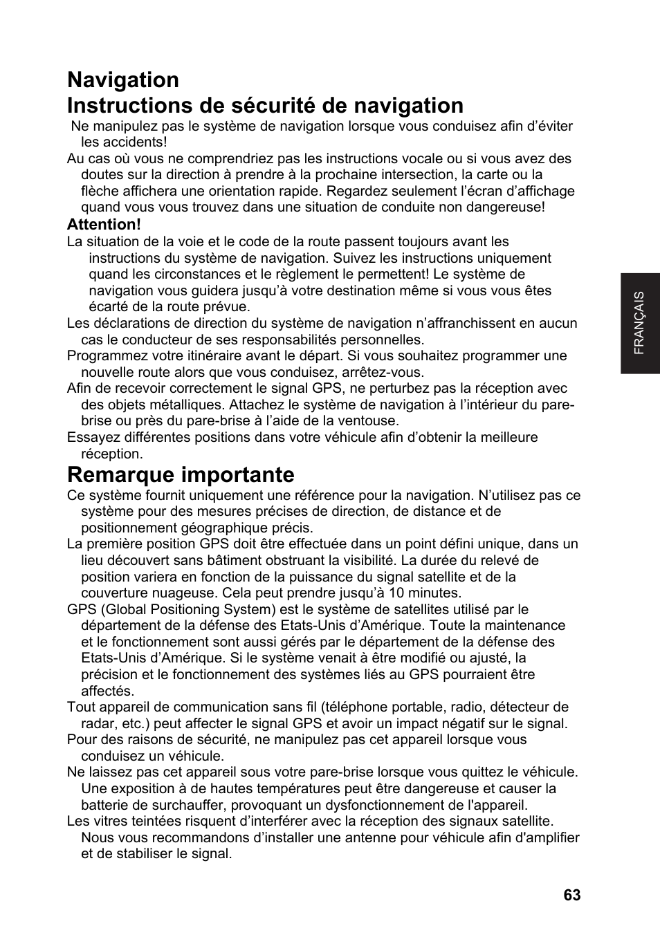 Navigation instructions de sécurité de navigation, Remarque importante | JVC KV-PX701 User Manual | Page 63 / 215