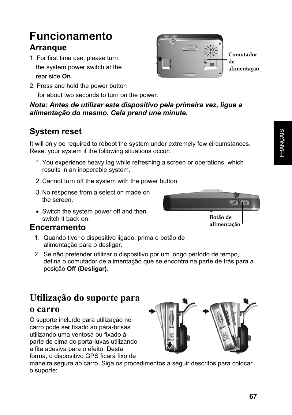 Funcionamento, Utilização do suporte para o carro, Arranque | System reset, Encerramento | JVC KV-PX701 User Manual | Page 67 / 215