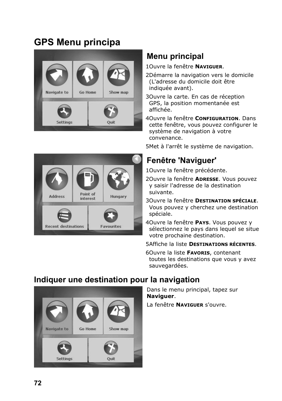 Gps menu principa, Menu principal, Fenêtre 'naviguer | Indiquer une destination pour la navigation | JVC KV-PX701 User Manual | Page 72 / 215
