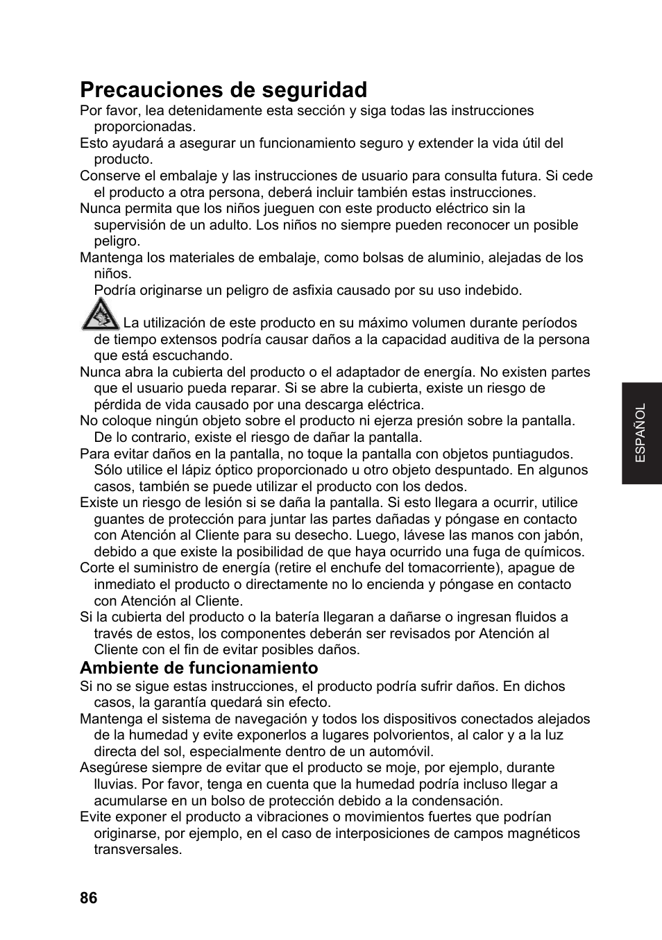 Precauciones de seguridad, Ambiente de funcionamiento | JVC KV-PX701 User Manual | Page 86 / 215