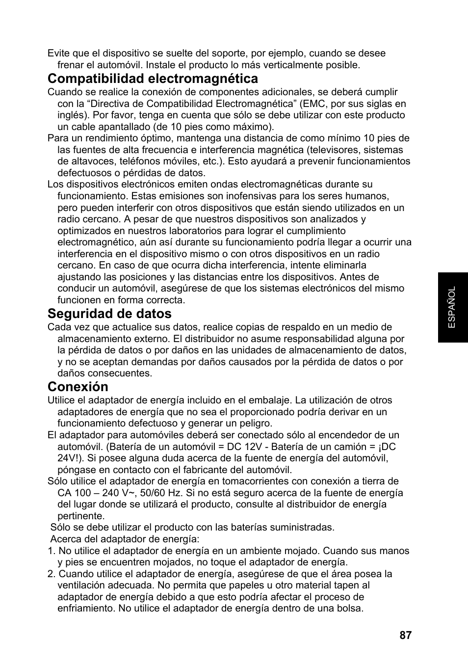 Compatibilidad electromagnética, Seguridad de datos, Conexión | JVC KV-PX701 User Manual | Page 87 / 215