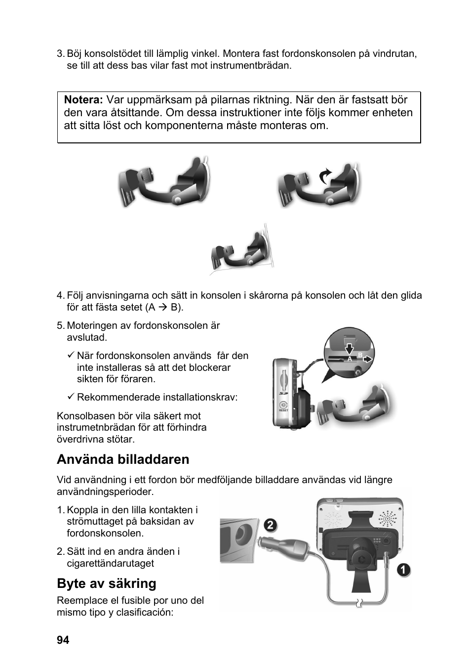 Använda billaddaren, Byte av säkring | JVC KV-PX701 User Manual | Page 94 / 215
