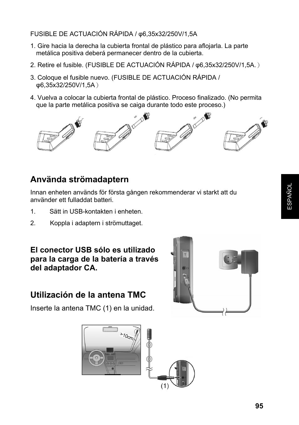 Använda strömadaptern, Utilización de la antena tmc | JVC KV-PX701 User Manual | Page 95 / 215