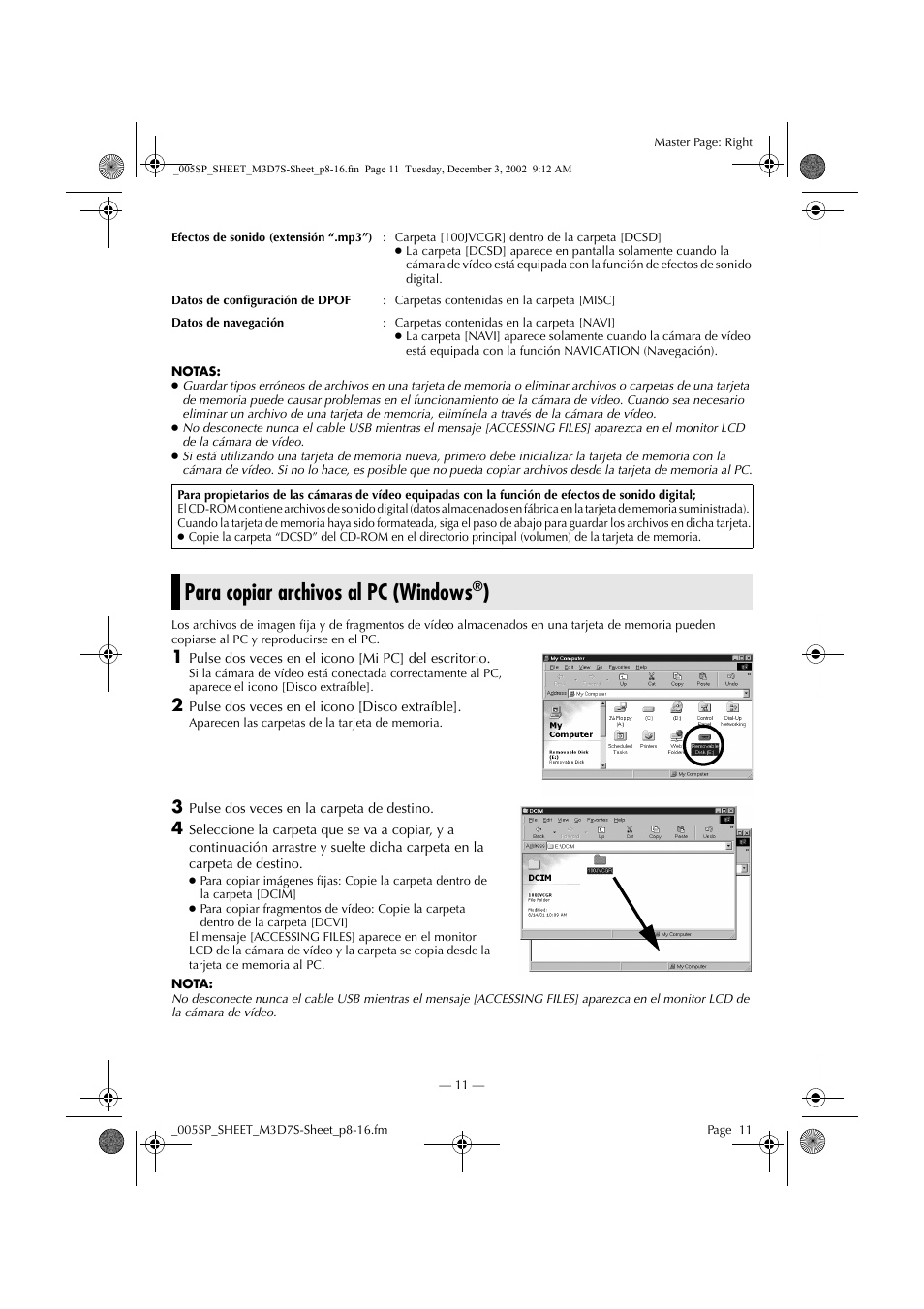 Para copiar archivos al pc (windows®), Para copiar archivos al pc (windows | JVC GR-DX95 User Manual | Page 11 / 16