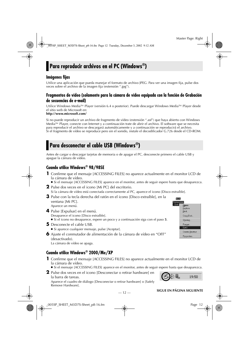 Para reproducir archivos en el pc (windows®), Para desconectar el cable usb (windows®), Para reproducir archivos en el pc (windows | Para desconectar el cable usb (windows | JVC GR-DX95 User Manual | Page 12 / 16