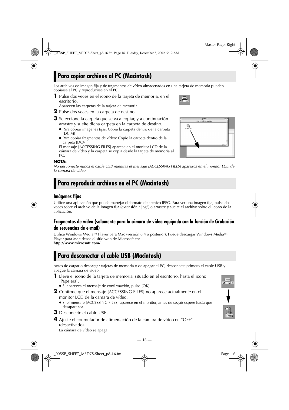 Para copiar archivos al pc (macintosh), Para reproducir archivos en el pc (macintosh), Para desconectar el cable usb (macintosh) | JVC GR-DX95 User Manual | Page 16 / 16