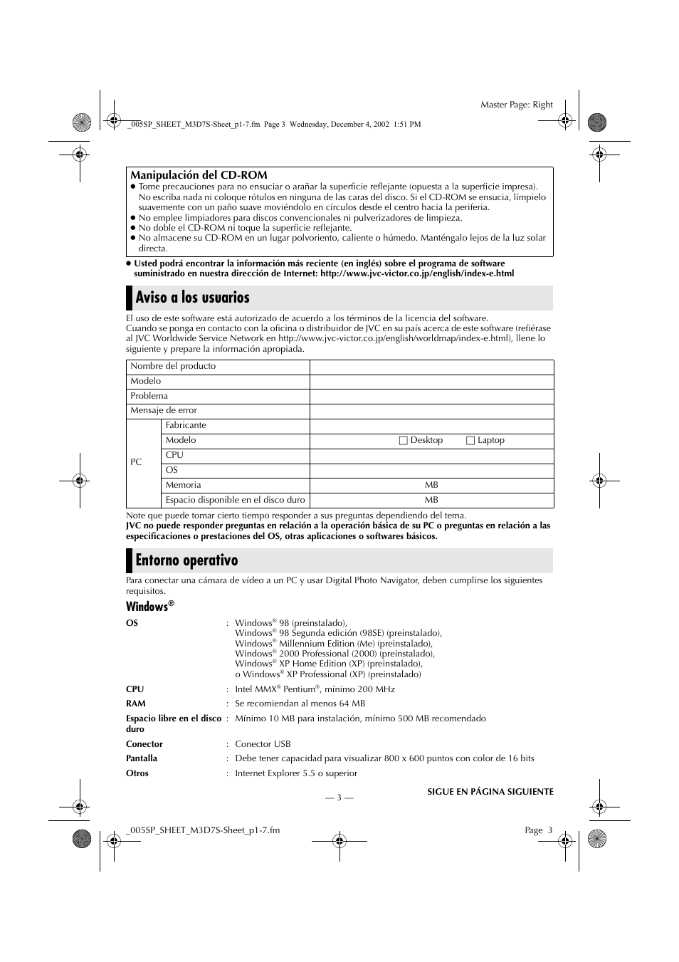 Aviso a los usuarios, Entorno operativo, Windows | JVC GR-DX95 User Manual | Page 3 / 16