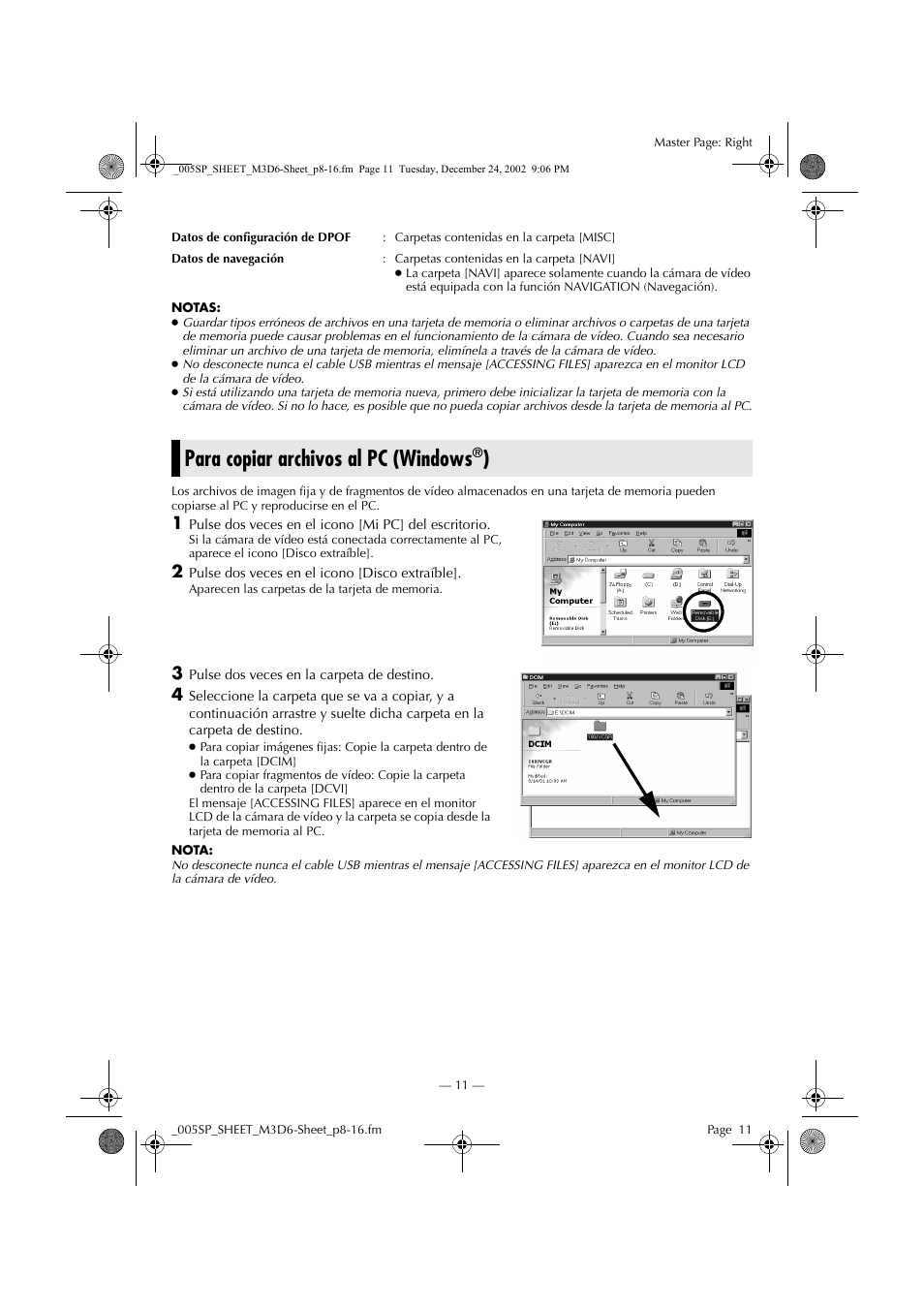 Para copiar archivos al pc (windows®), Para copiar archivos al pc (windows | JVC GR-DV900 User Manual | Page 11 / 16