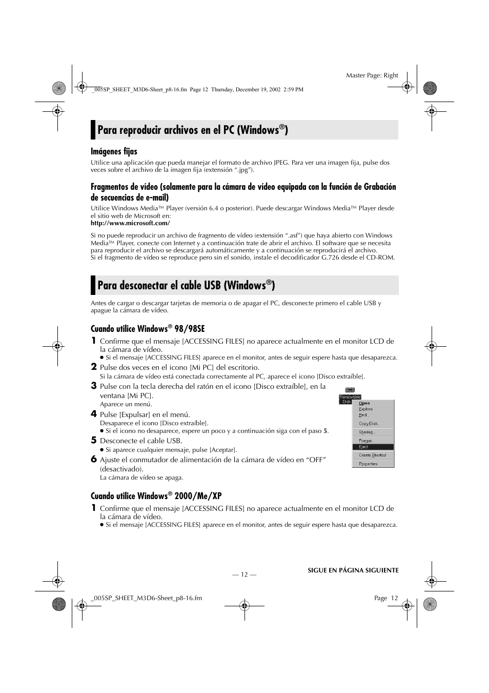 Para reproducir archivos en el pc (windows®), Para desconectar el cable usb (windows®), Para reproducir archivos en el pc (windows | Para desconectar el cable usb (windows | JVC GR-DV900 User Manual | Page 12 / 16