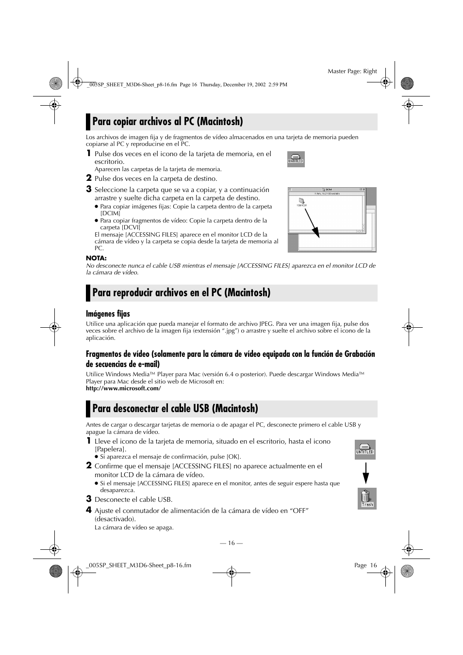 Para copiar archivos al pc (macintosh), Para reproducir archivos en el pc (macintosh), Para desconectar el cable usb (macintosh) | JVC GR-DV900 User Manual | Page 16 / 16